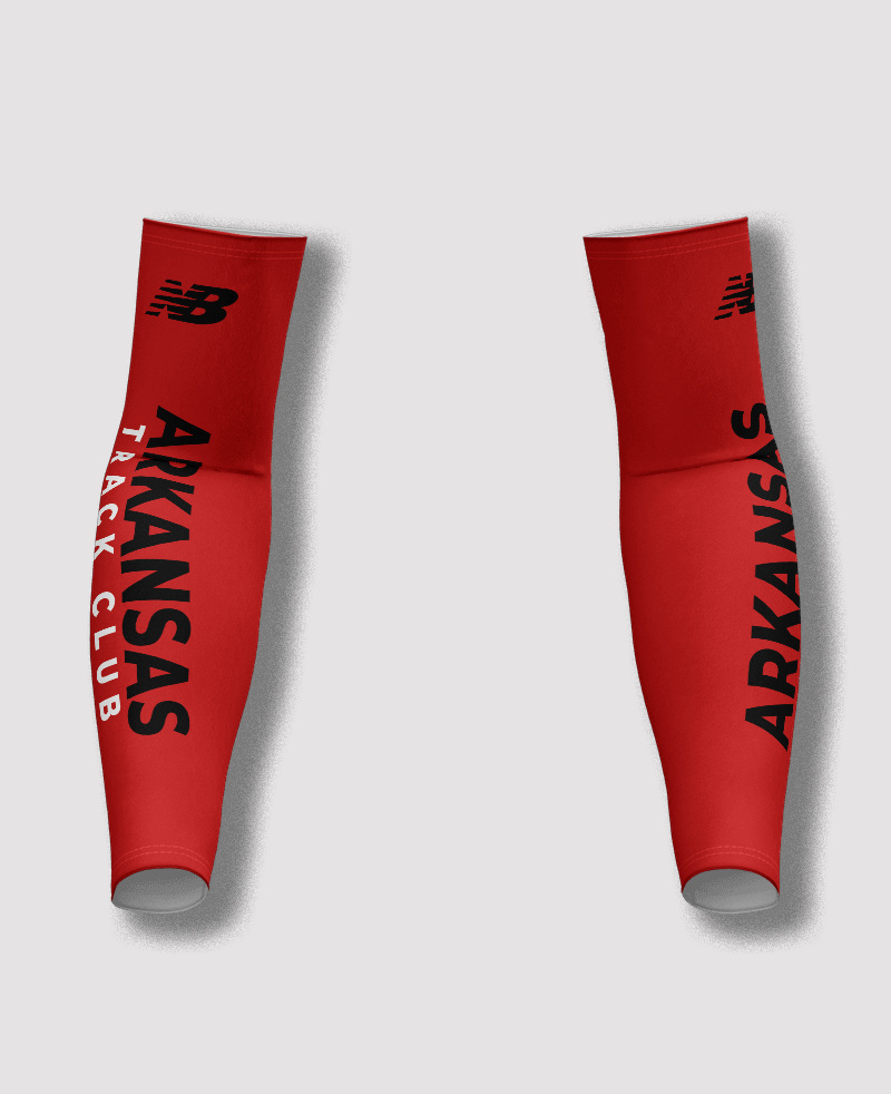 Front view – Arkansas Track Club red NB Achieve arm warmers