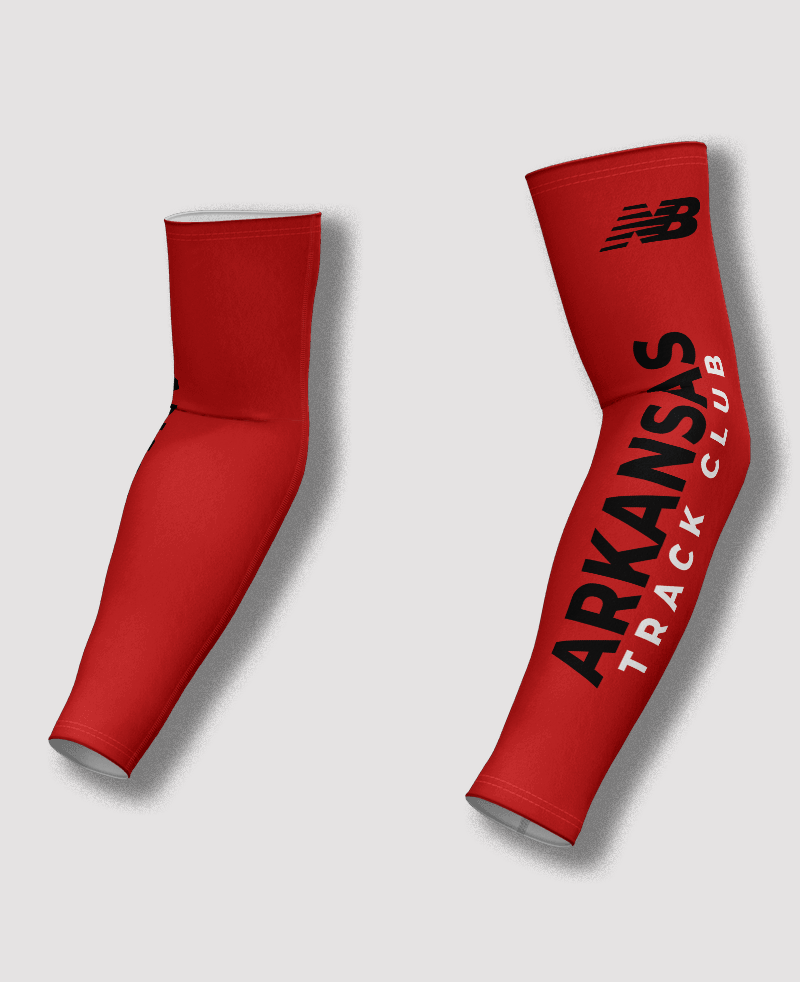 Detail view – Arkansas Track Club branding on arm warmers