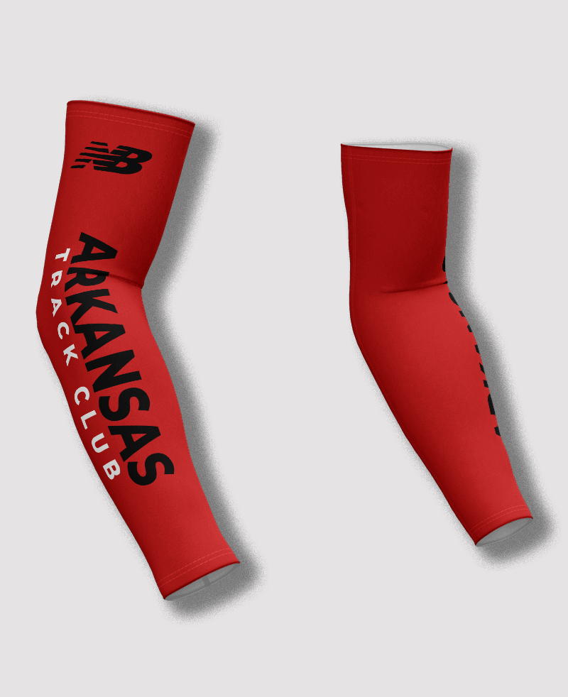 Detail view – Arkansas Track Club branding on arm warmers